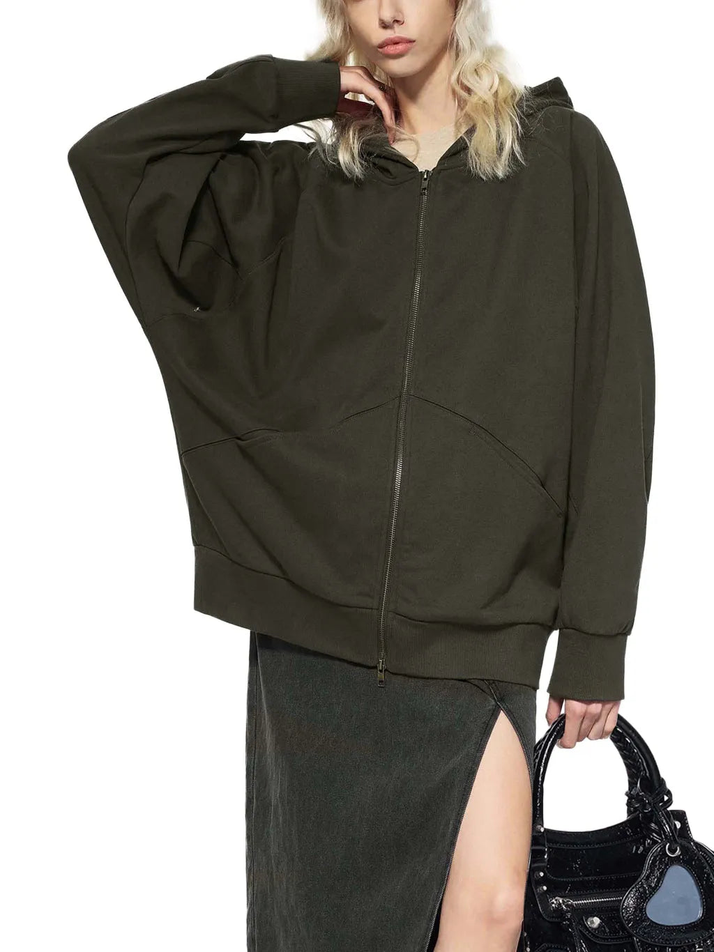 LUXURY TERMINAL - Dolman Sleeve Zip-Through Fleece Hoodie