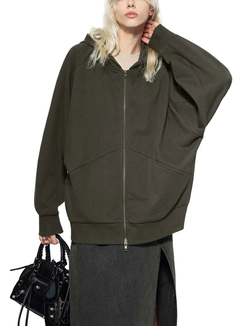LUXURY TERMINAL - Dolman Sleeve Zip-Through Fleece Hoodie