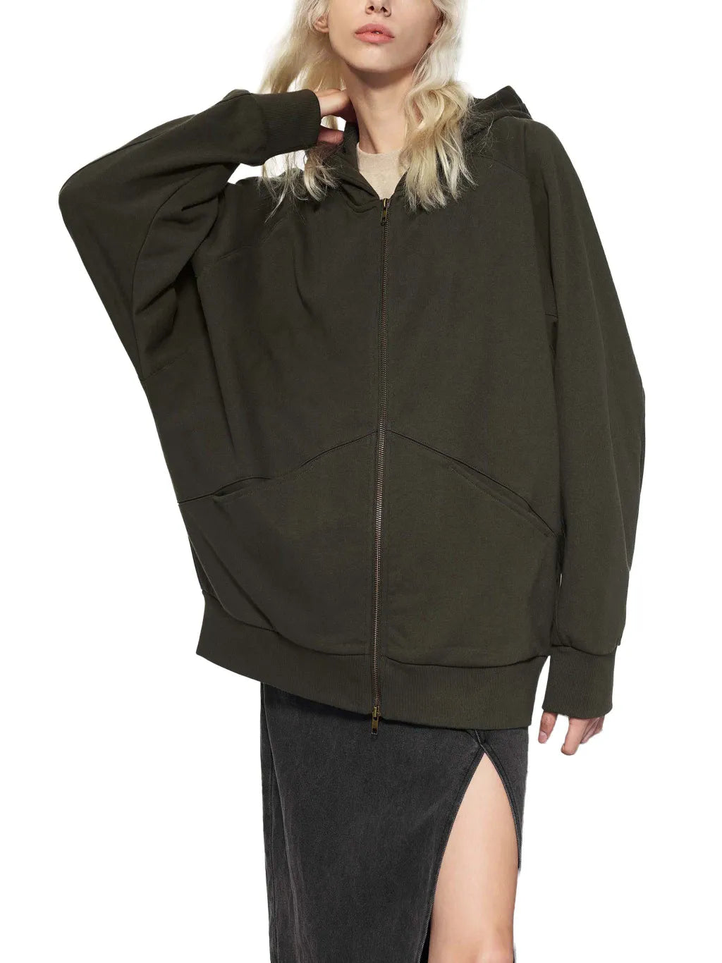 LUXURY TERMINAL - Dolman Sleeve Zip-Through Fleece Hoodie