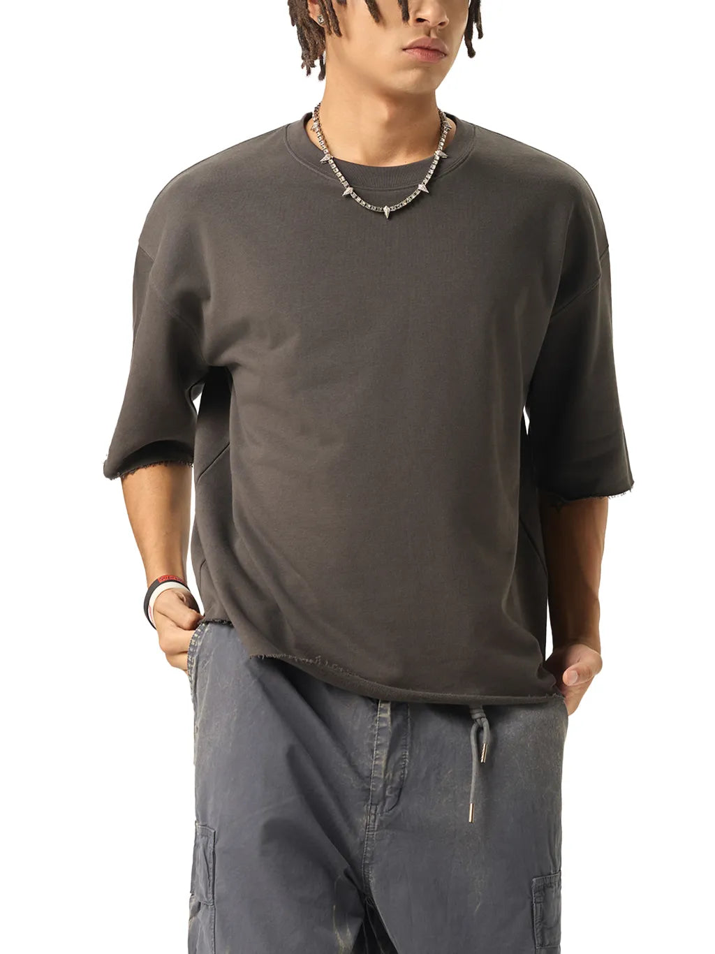 LUXURY TERMINAL - Boxy Half-Sleeve Raw-Edge T-Shirt
