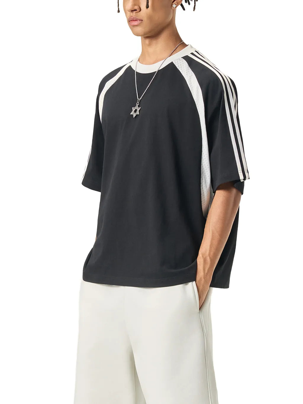 LUXURY TERMINAL - Contrast Stripes Panel Mesh T-shirt