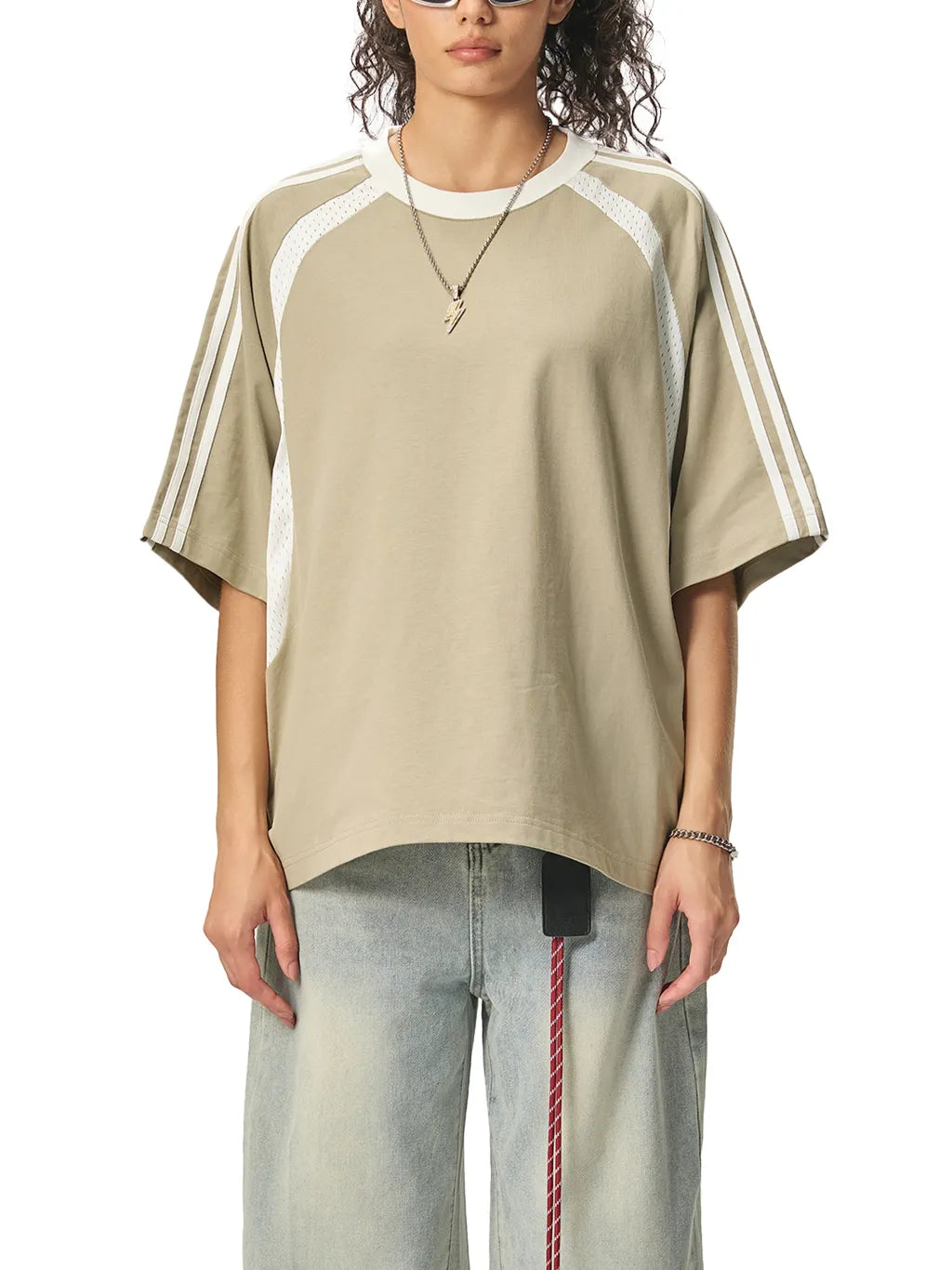 LUXURY TERMINAL - Contrast Stripes Panel Mesh T-shirt