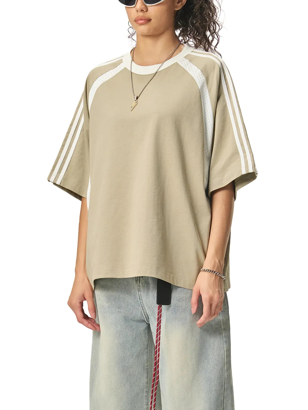 LUXURY TERMINAL - Contrast Stripes Panel Mesh T-shirt