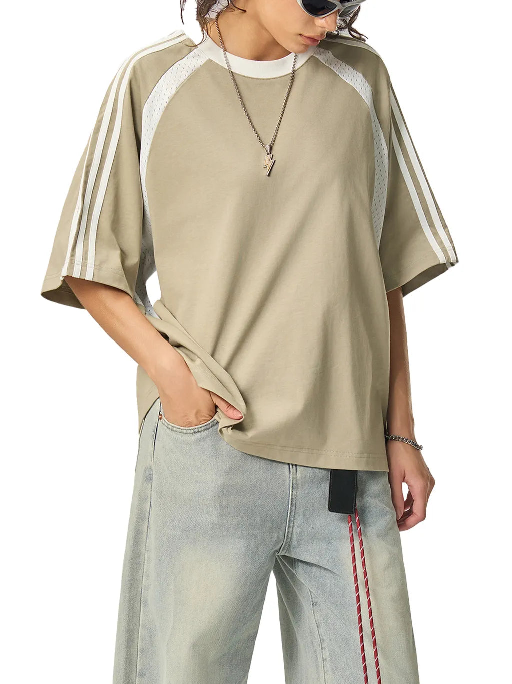 LUXURY TERMINAL - Contrast Stripes Panel Mesh T-shirt