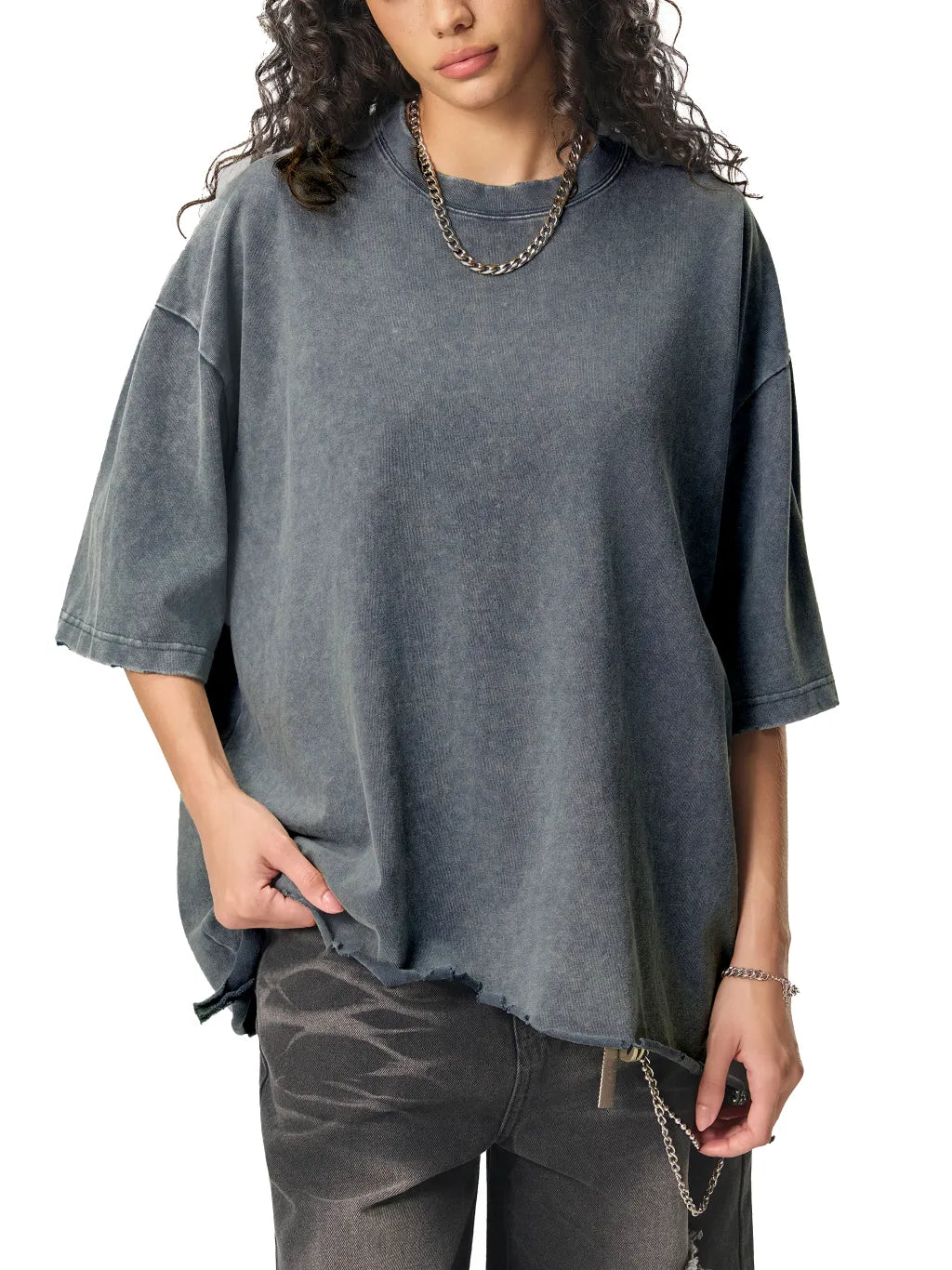 LUXURY TERMINAL - Snow Wash Raw-Hem Boxy T-shirt
