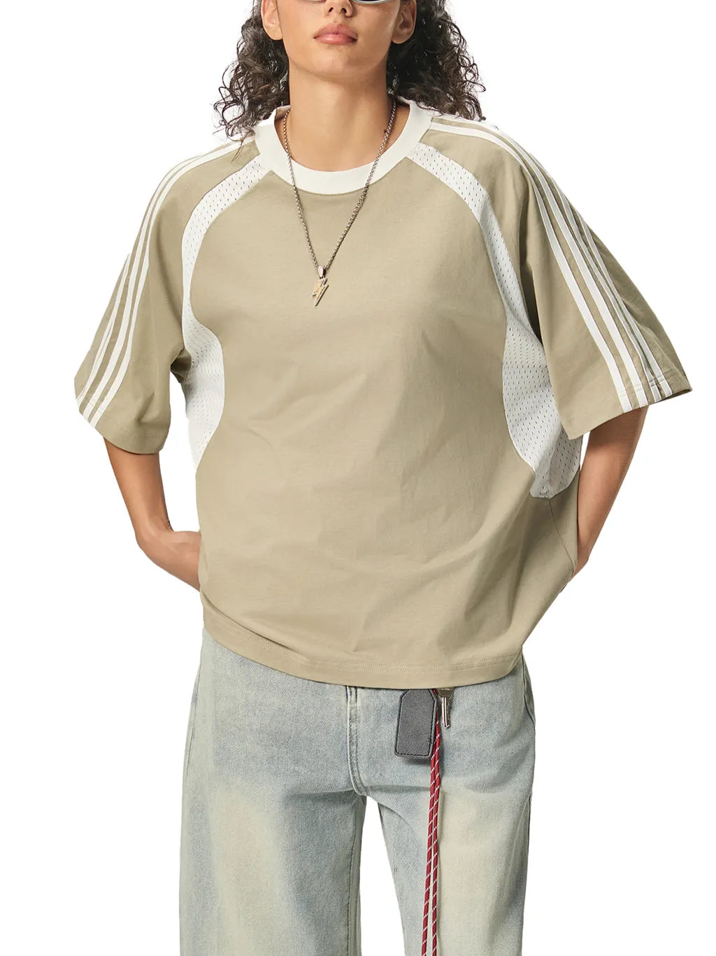 LUXURY TERMINAL - Contrast Stripes Panel Mesh T-shirt