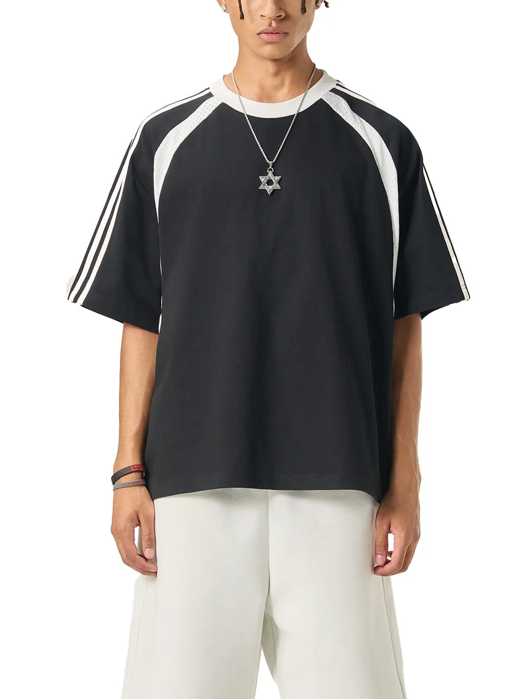 LUXURY TERMINAL - Contrast Stripes Panel Mesh T-shirt