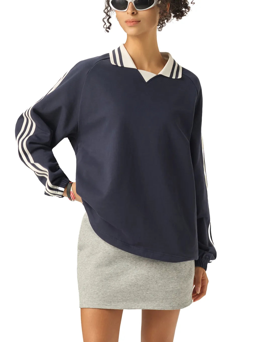 LUXURY TERMINAL - Contrast Striped Lapel Collar Sweatshirt