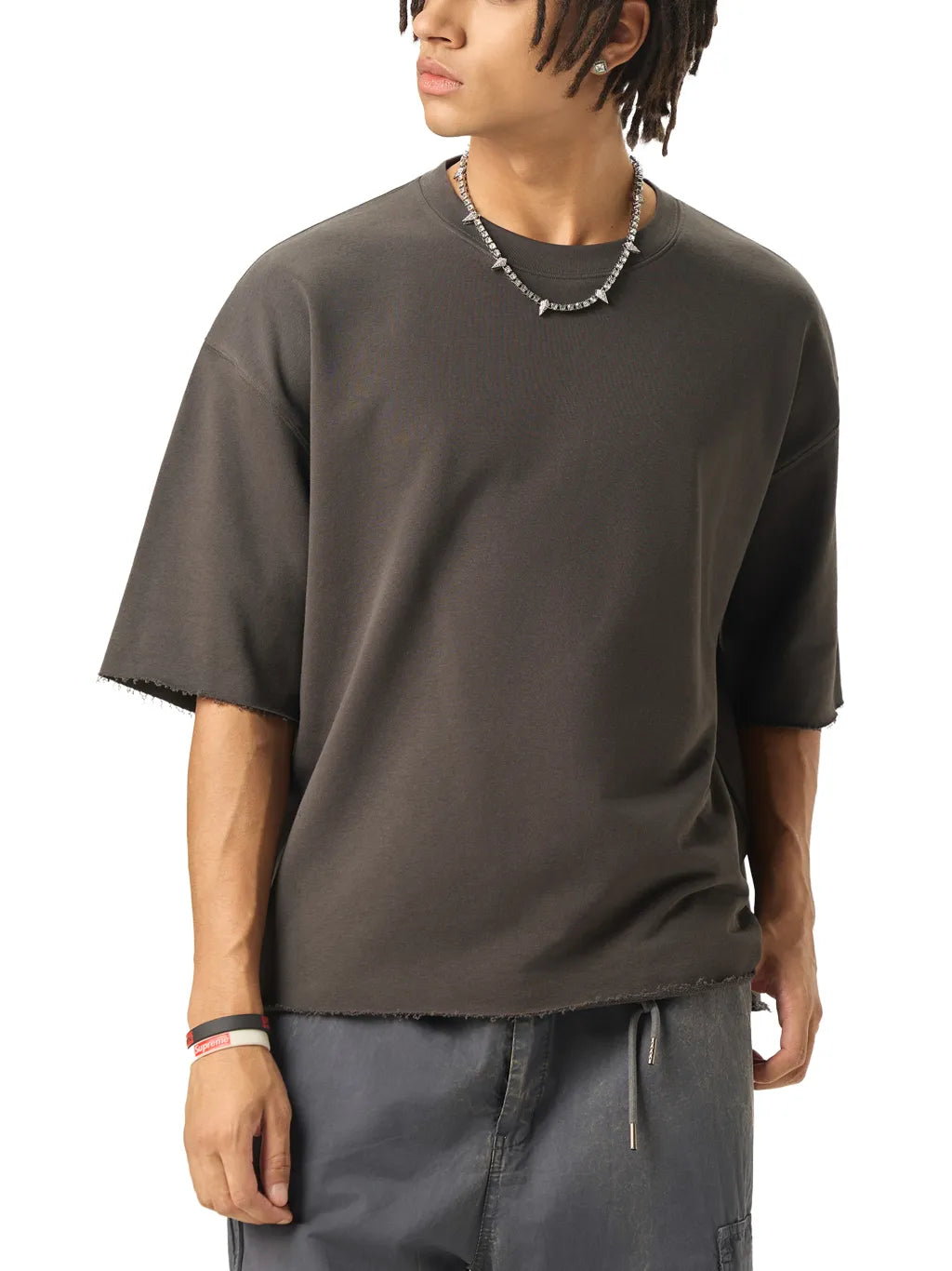 LUXURY TERMINAL - Boxy Half-Sleeve Raw-Edge T-Shirt