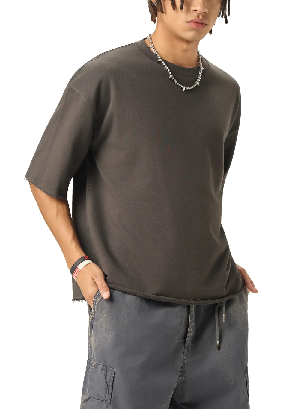 LUXURY TERMINAL - Boxy Half-Sleeve Raw-Edge T-Shirt
