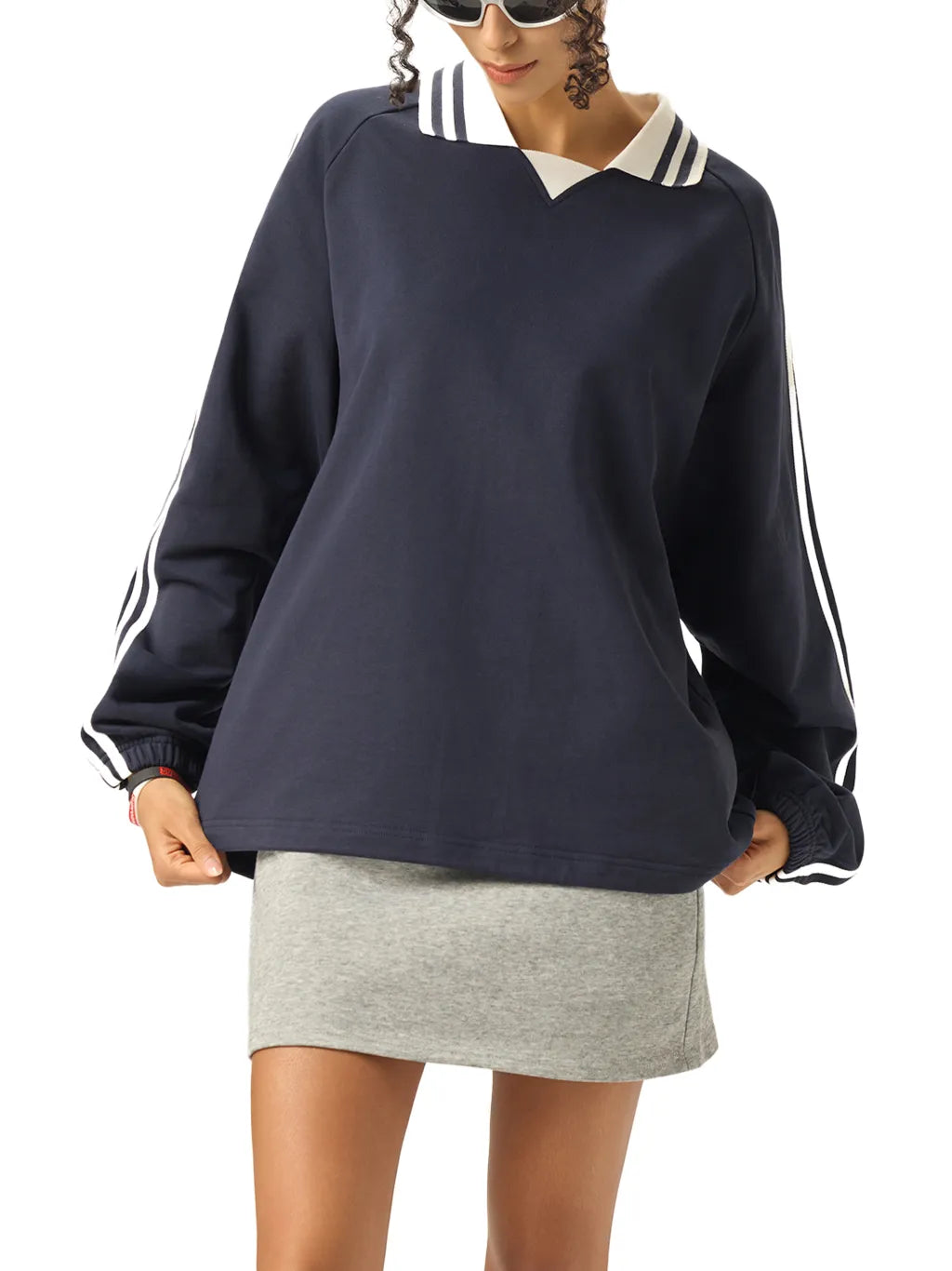 LUXURY TERMINAL - Contrast Striped Lapel Collar Sweatshirt