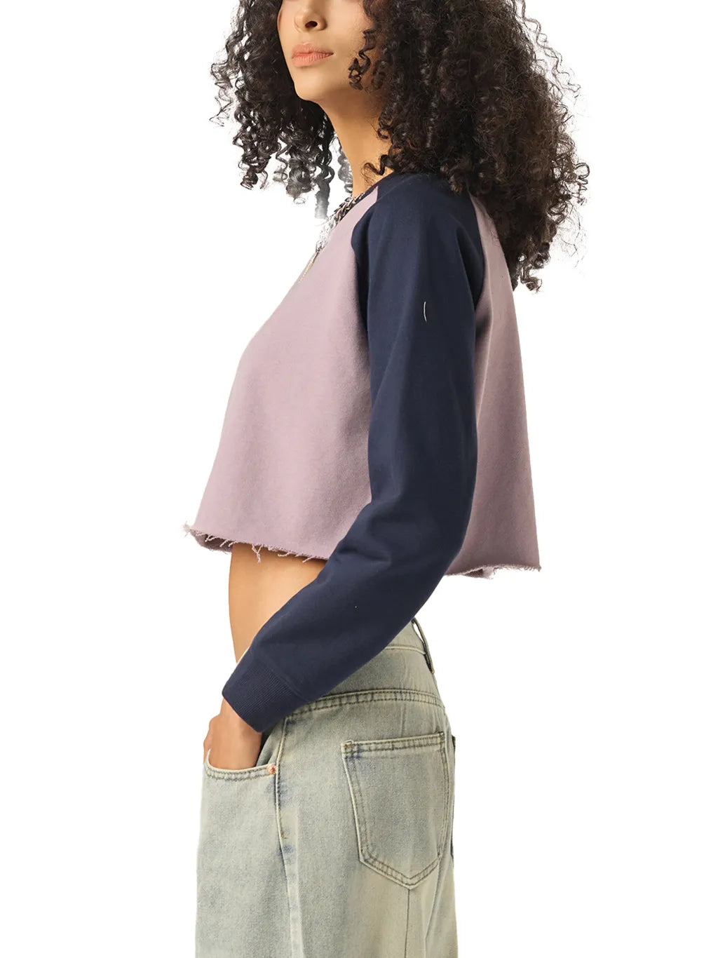 LUXURY TERMINAL - Raw-Hem Color-Block Raglan Crop Sweatshirt