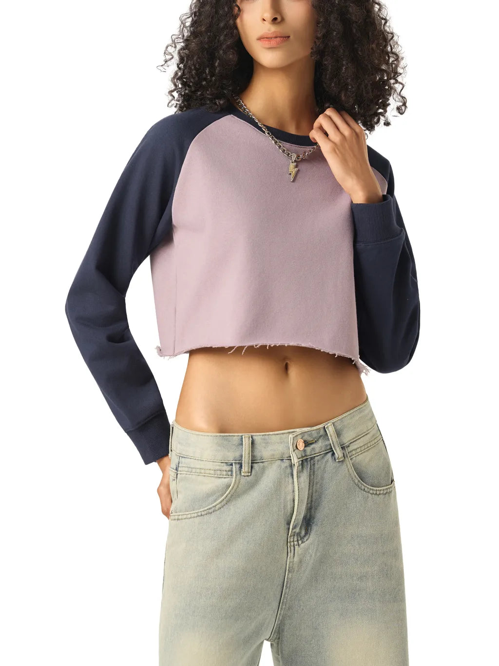 LUXURY TERMINAL - Raw-Hem Color-Block Raglan Crop Sweatshirt