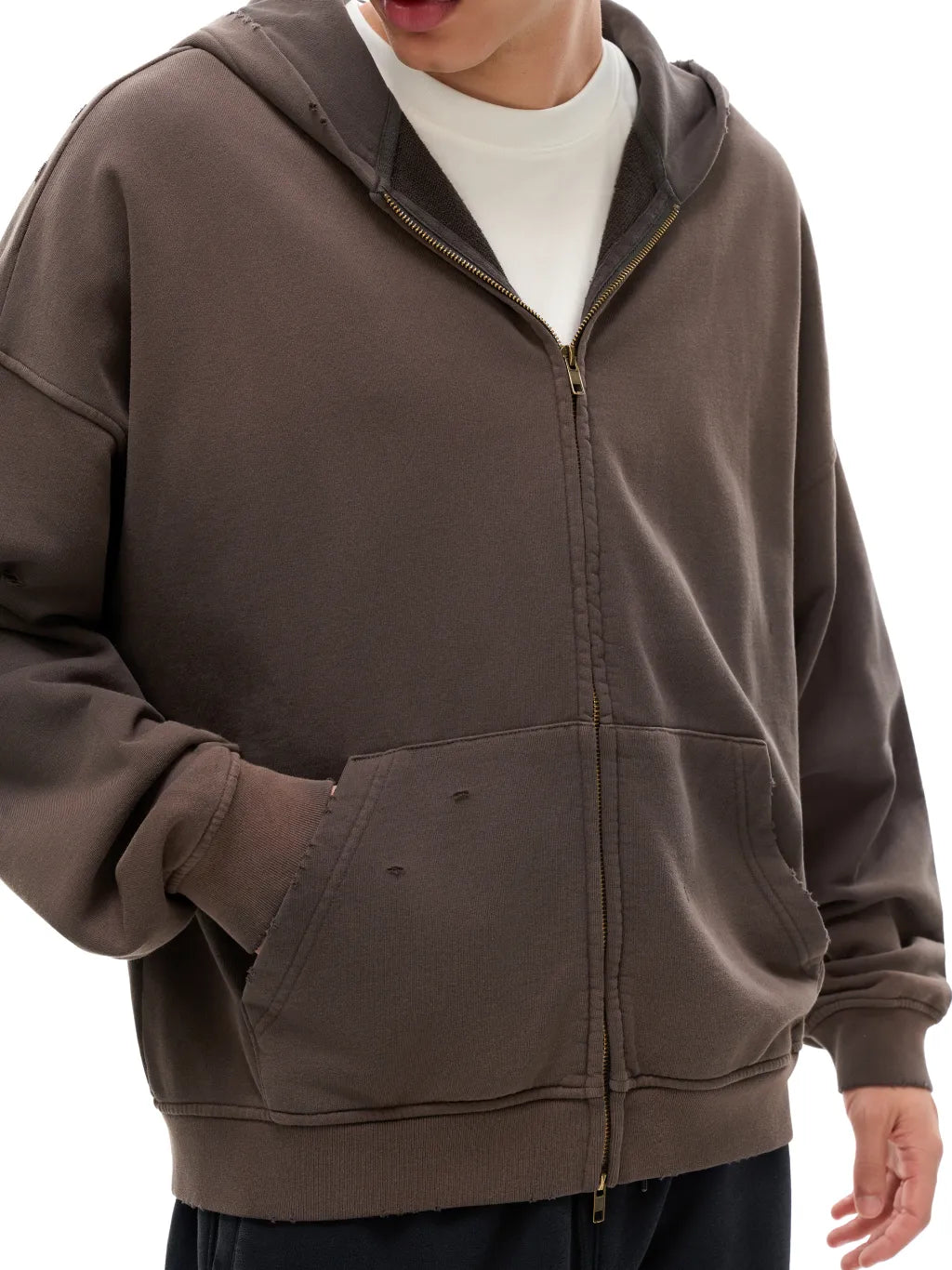 LUXURY TERMINAL - Hand-Frayed Sunfade Zip Hoodie