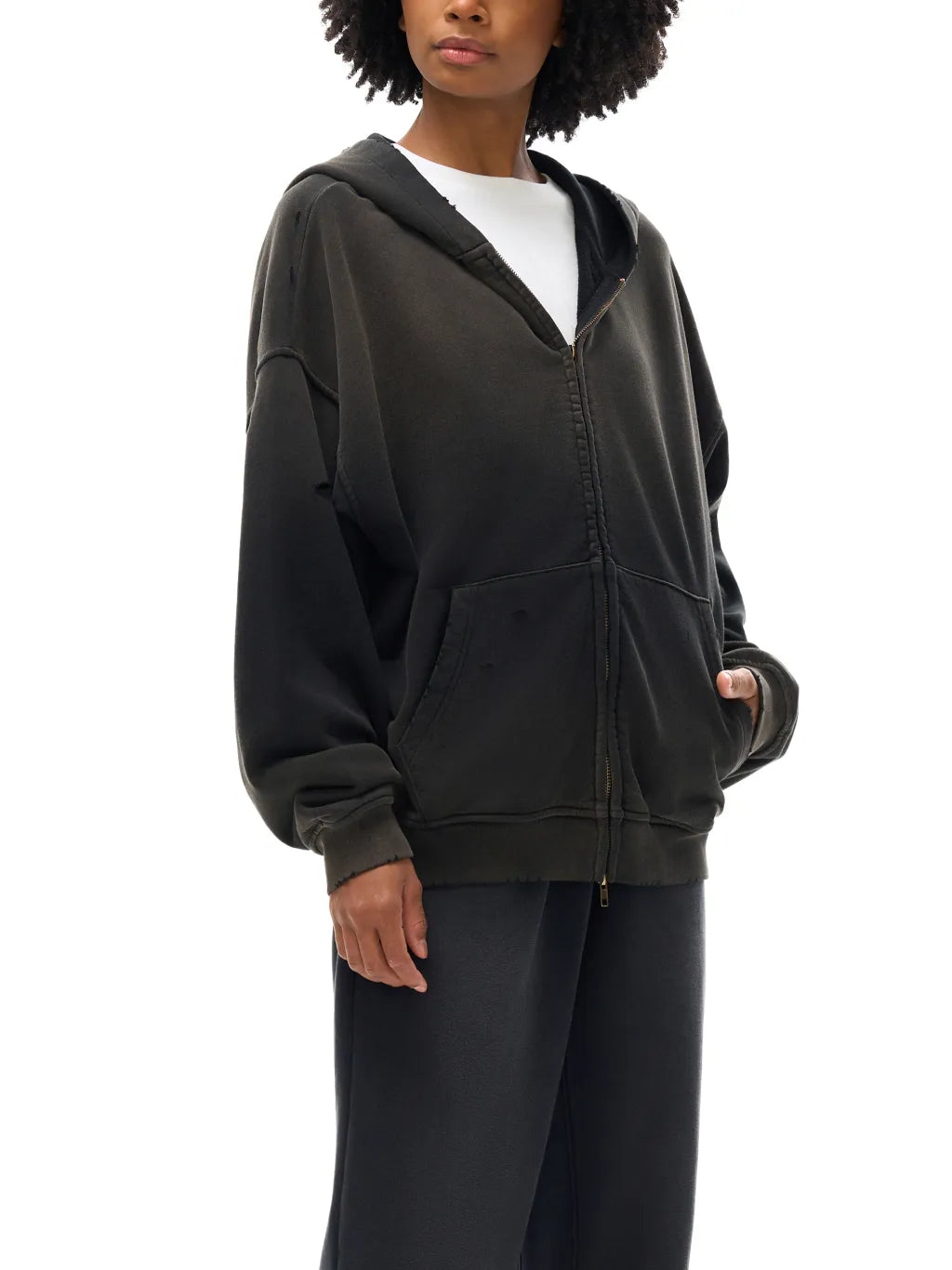 LUXURY TERMINAL - Hand-Frayed Sunfade Zip Hoodie