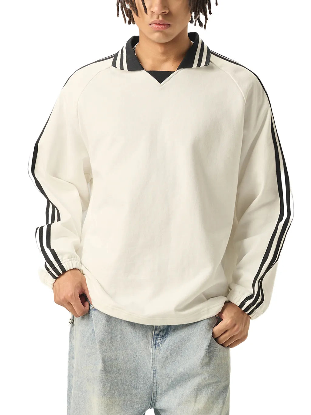 LUXURY TERMINAL - Contrast Striped Lapel Collar Sweatshirt