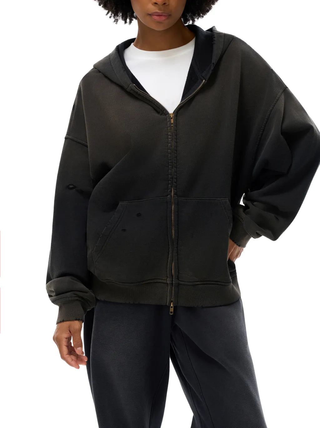 LUXURY TERMINAL - Hand-Frayed Sunfade Zip Hoodie
