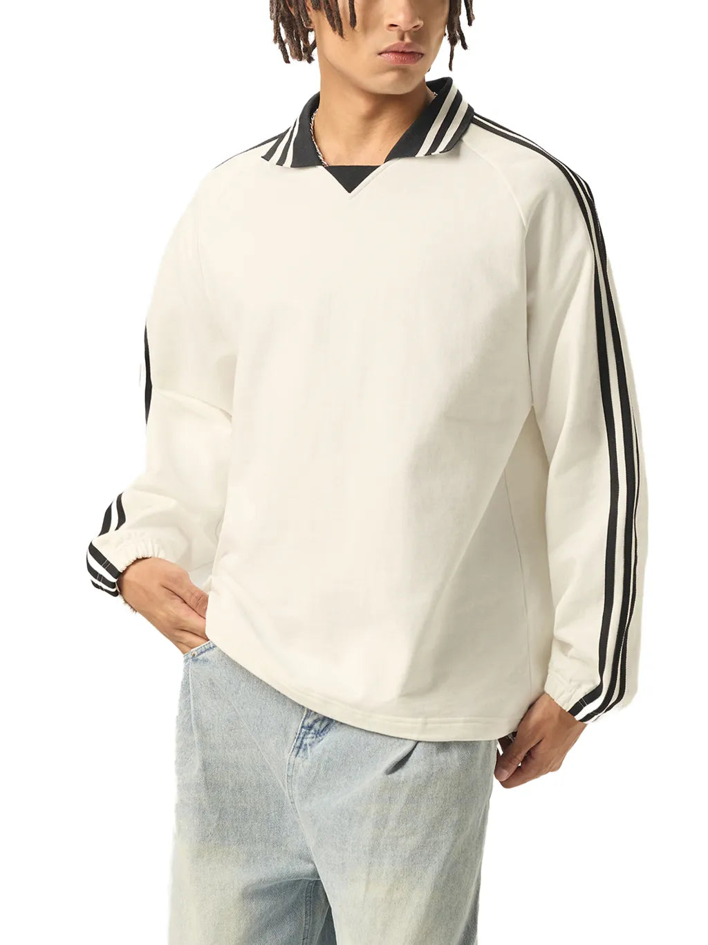 LUXURY TERMINAL - Contrast Striped Lapel Collar Sweatshirt