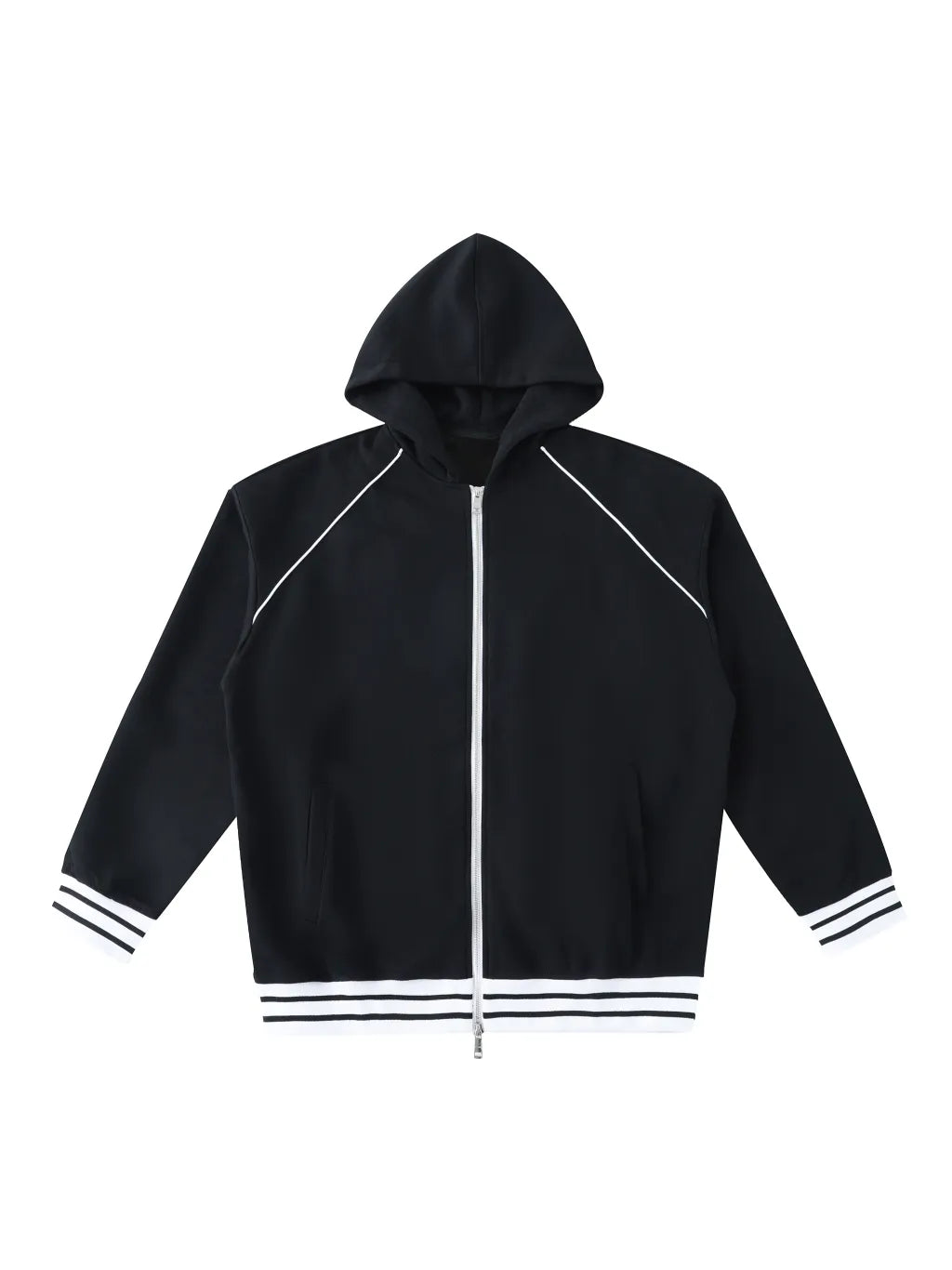 LUXURY TERMINAL - Striped Trim Zip-Up Hoodie