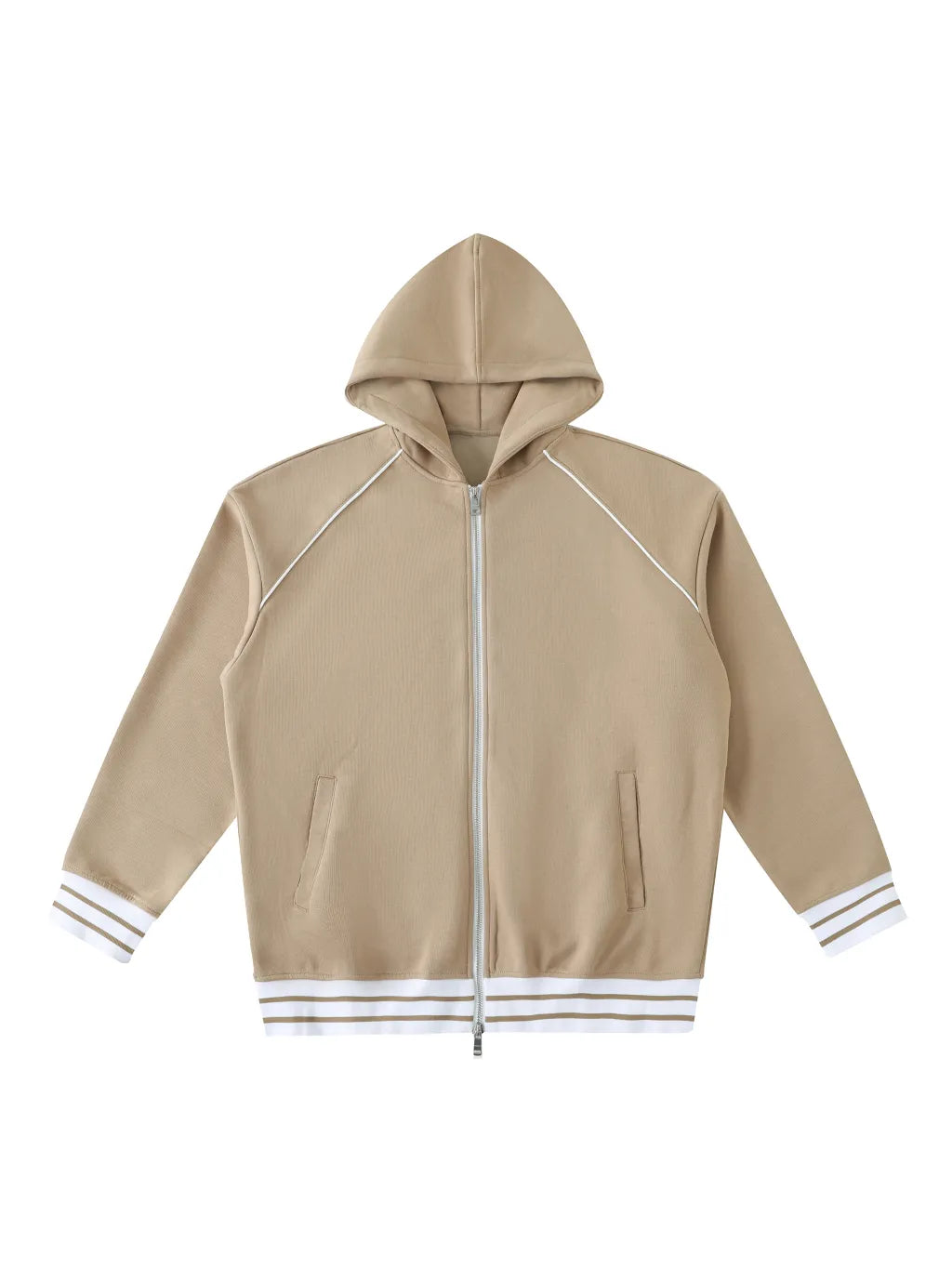 LUXURY TERMINAL - Striped Trim Zip-Up Hoodie