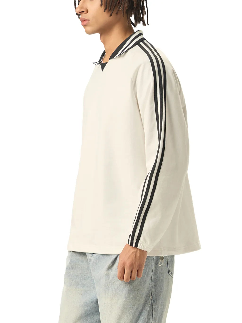 LUXURY TERMINAL - Contrast Striped Lapel Collar Sweatshirt