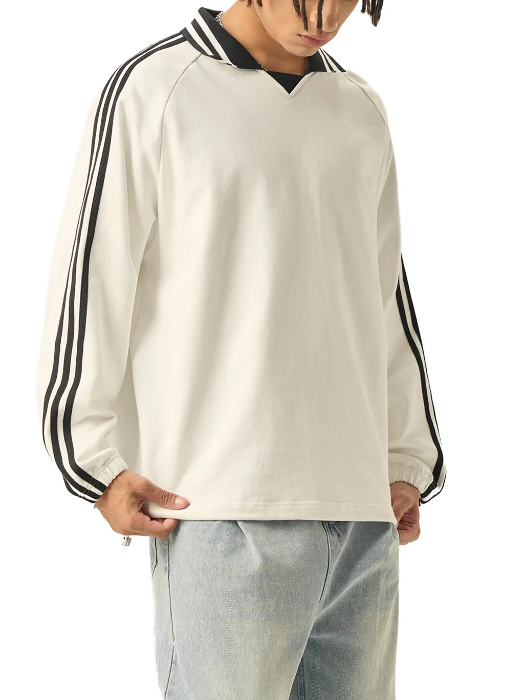 LUXURY TERMINAL - Contrast Striped Lapel Collar Sweatshirt