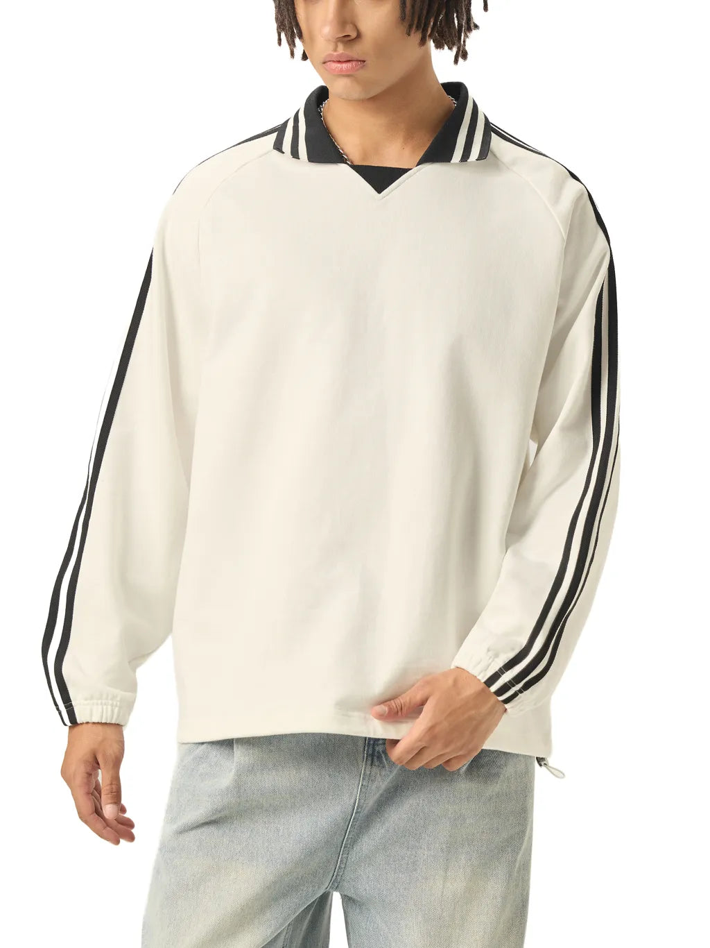 LUXURY TERMINAL - Contrast Striped Lapel Collar Sweatshirt