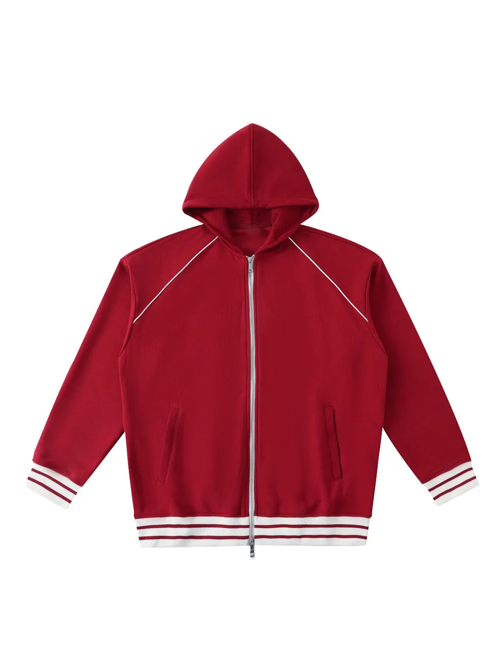 LUXURY TERMINAL - Striped Trim Zip-Up Hoodie