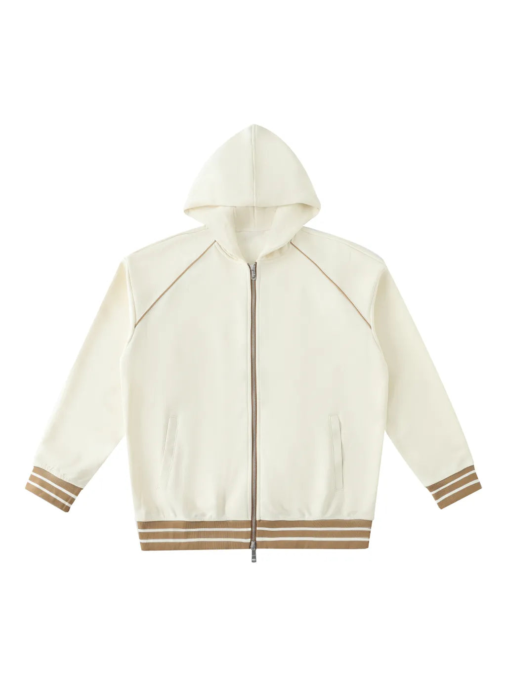 LUXURY TERMINAL - Striped Trim Zip-Up Hoodie