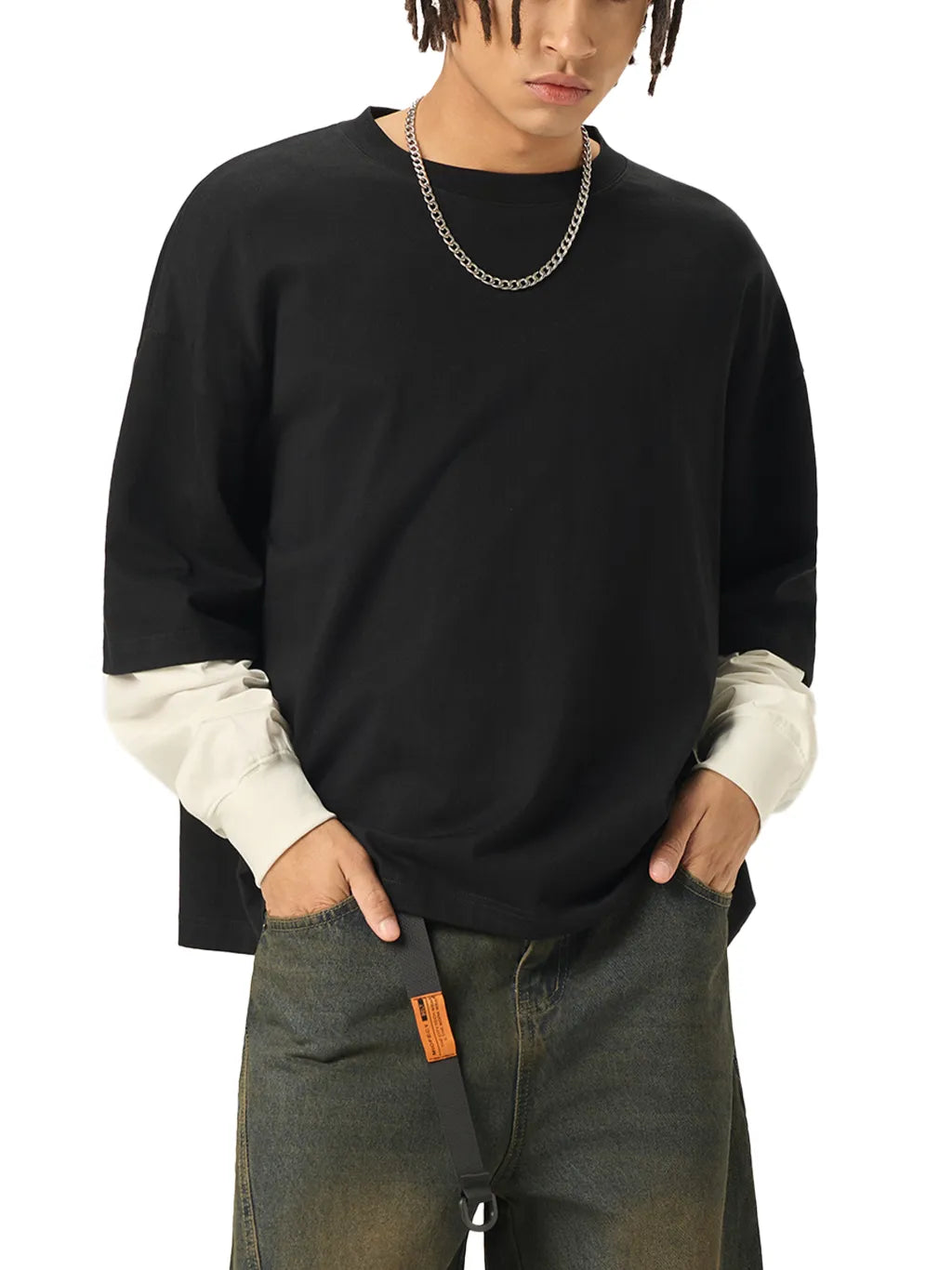 LUXURY TERMINAL - Layered Contrast Sleeve Cotton T-Shirt
