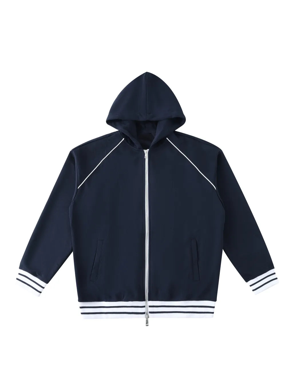 LUXURY TERMINAL - Striped Trim Zip-Up Hoodie