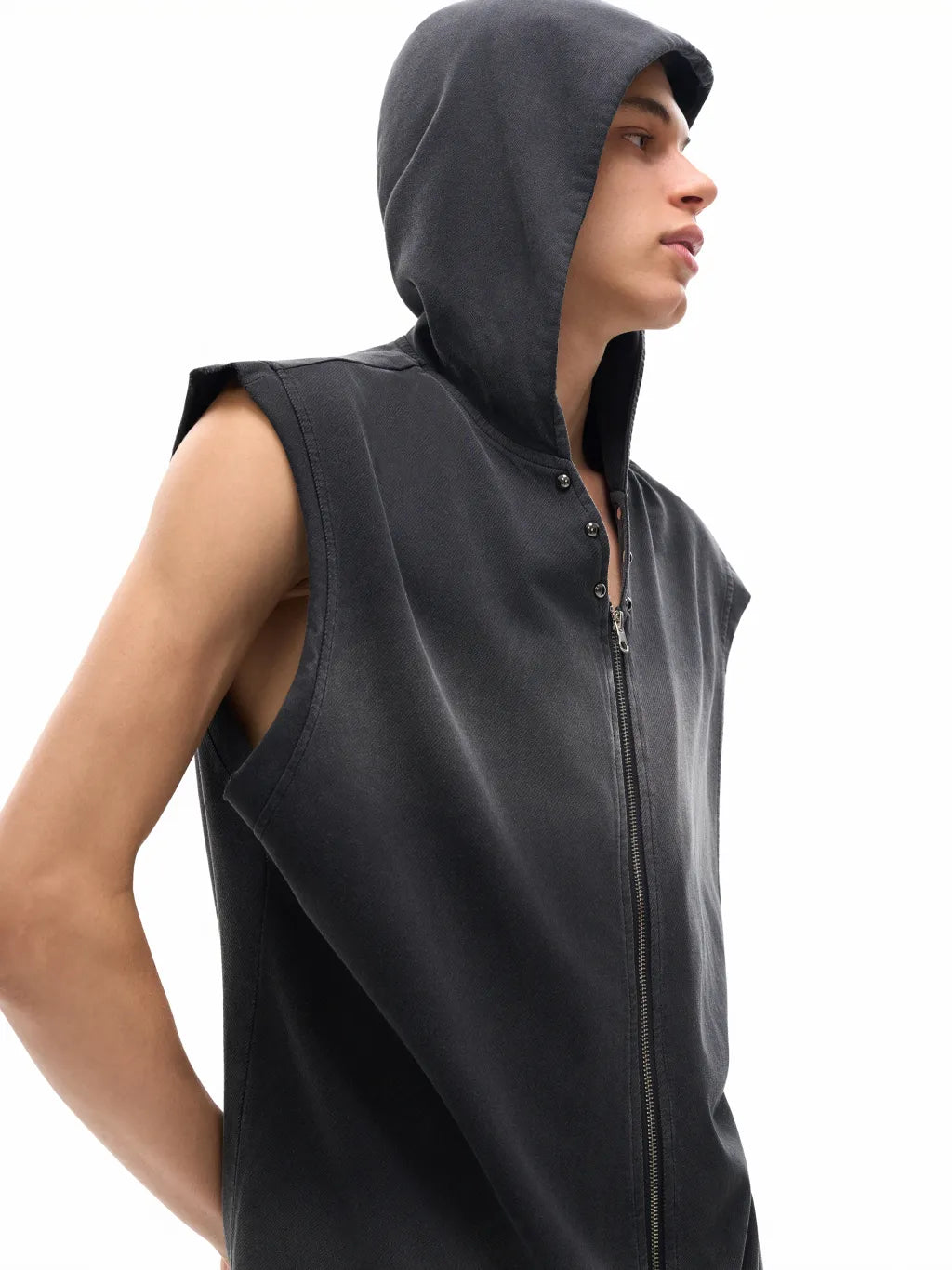 LUXURY TERMINAL - Vintage Washed Zip-Up Hooded Tank Top