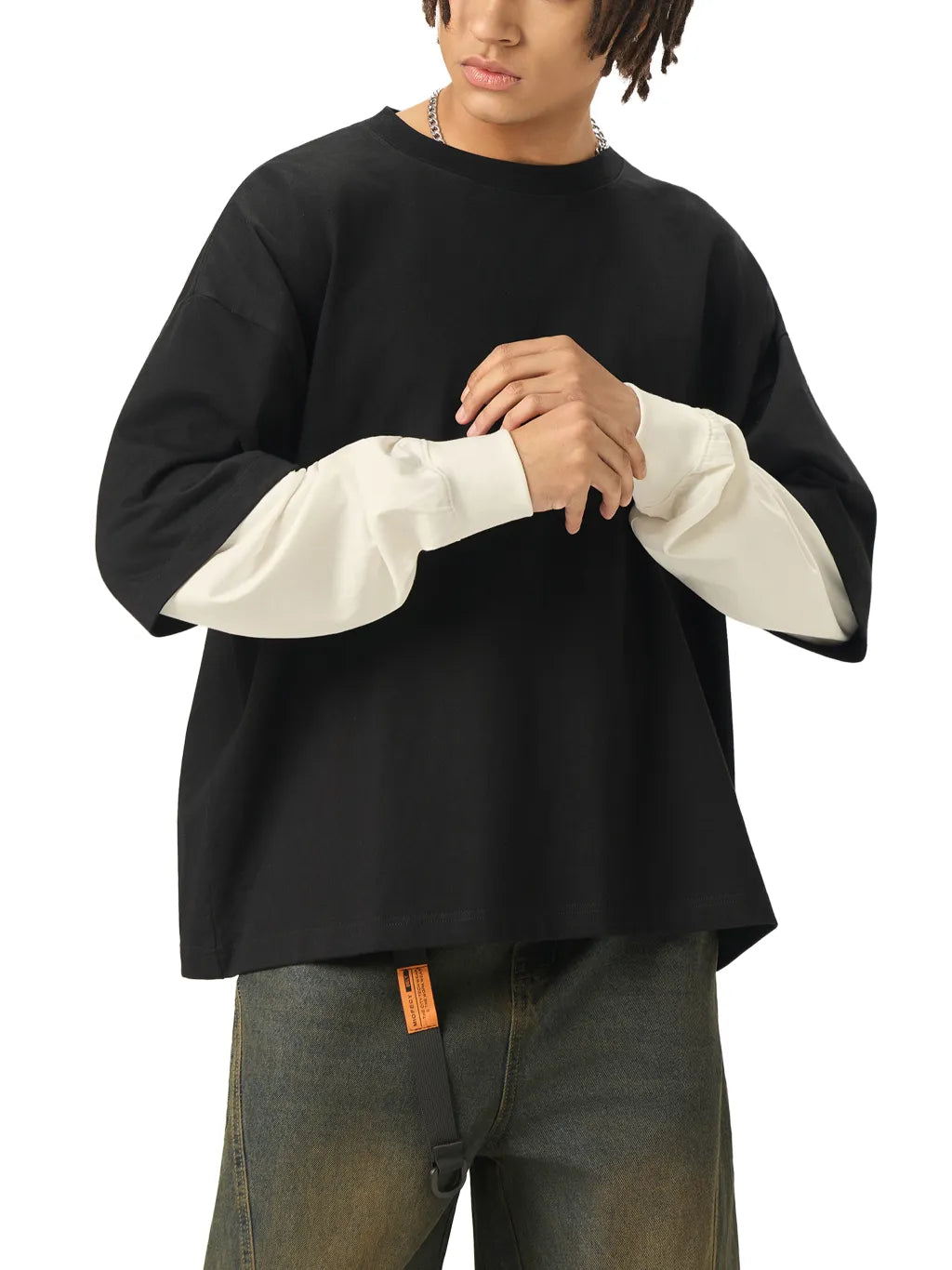 LUXURY TERMINAL - Layered Contrast Sleeve Cotton T-Shirt