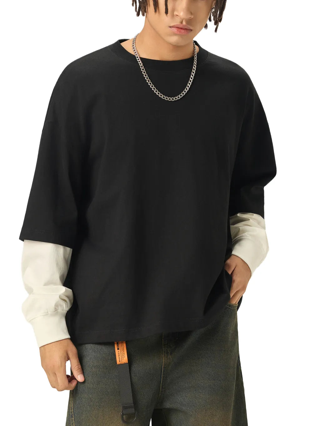 LUXURY TERMINAL - Layered Contrast Sleeve Cotton T-Shirt
