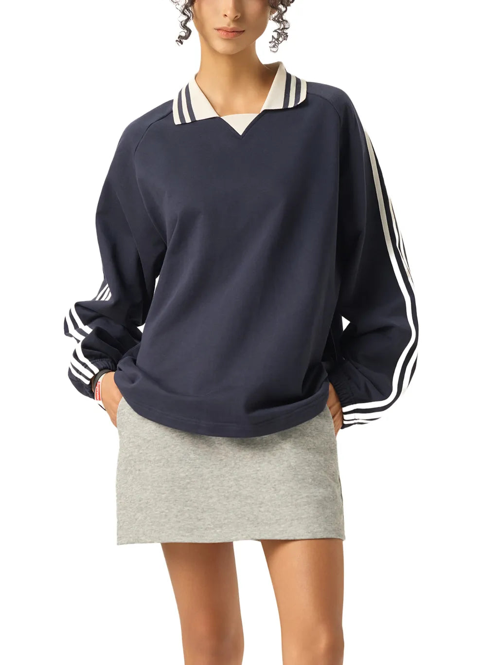 LUXURY TERMINAL - Contrast Striped Lapel Collar Sweatshirt