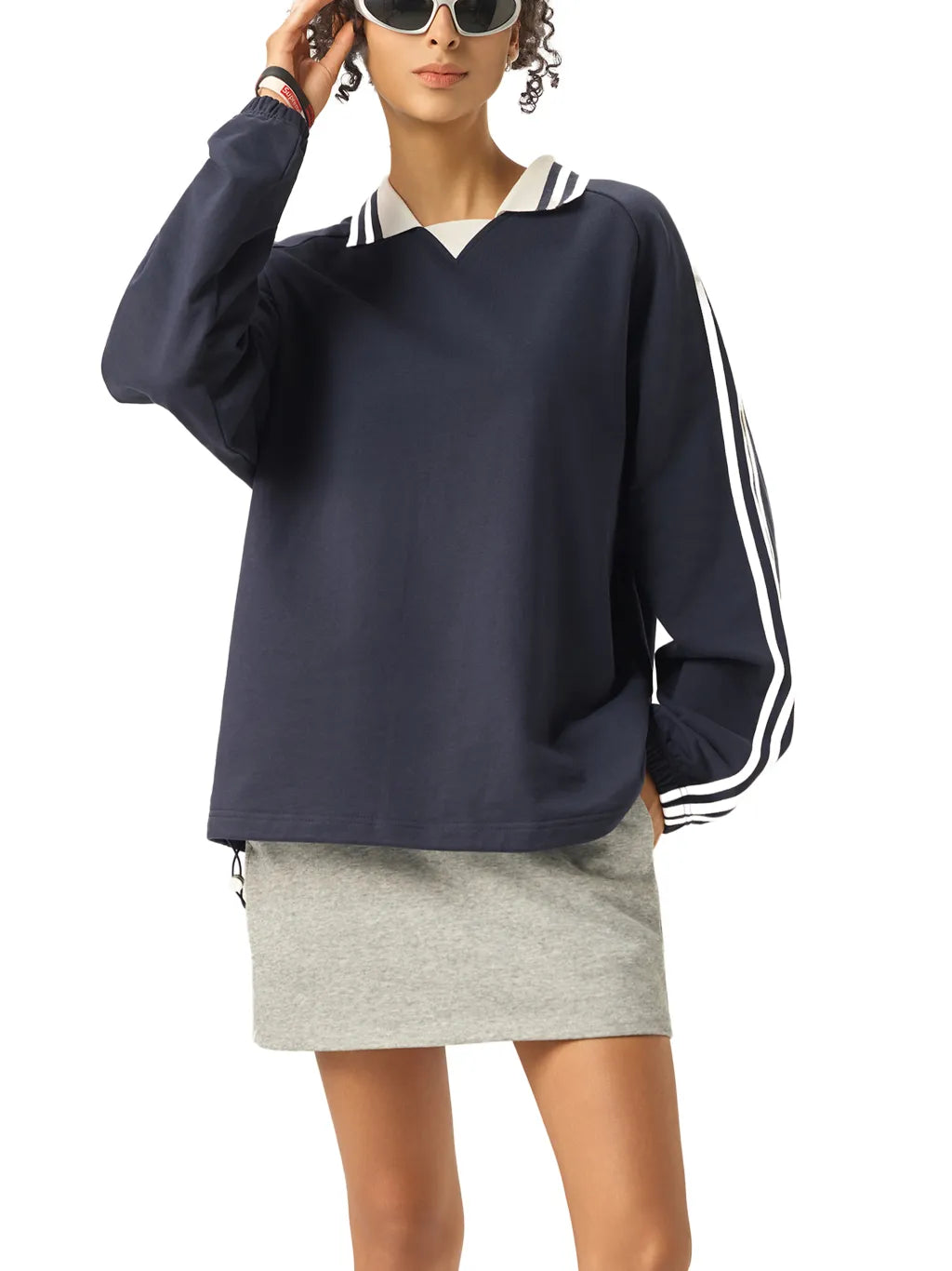 LUXURY TERMINAL - Contrast Striped Lapel Collar Sweatshirt