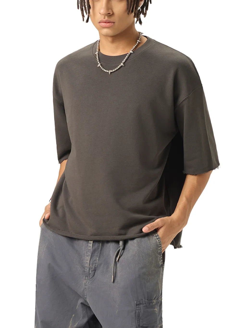 LUXURY TERMINAL - Boxy Half-Sleeve Raw-Edge T-Shirt