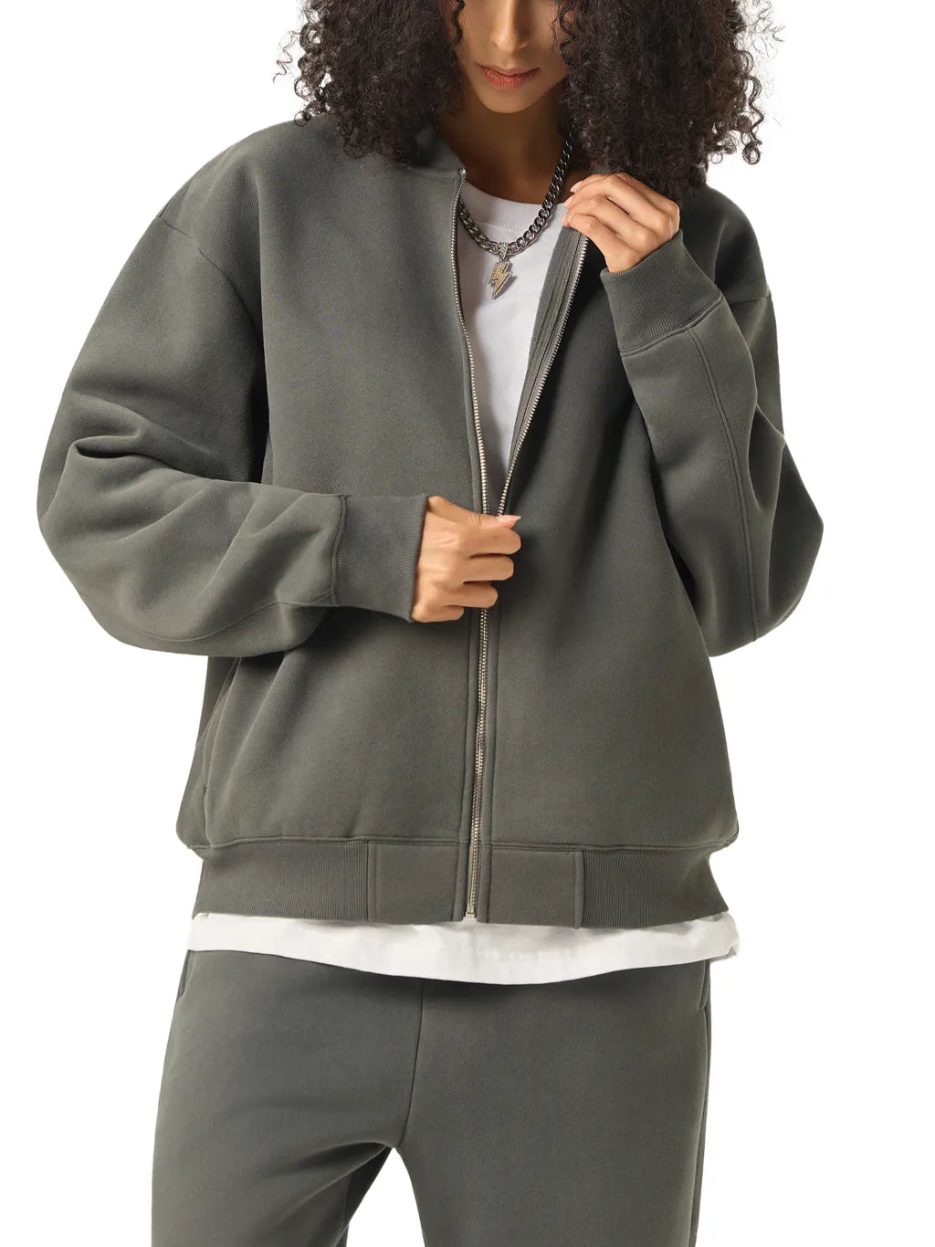 LUXURY TERMINAL - Essential Zip-Up Fleeced Varsity Jacket