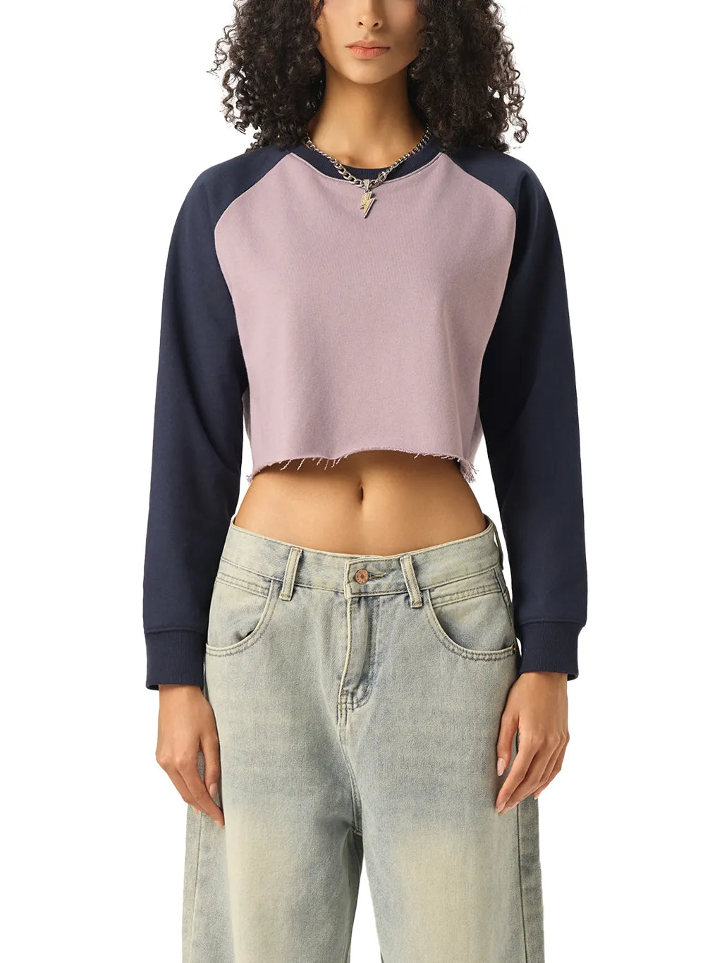 LUXURY TERMINAL - Raw-Hem Color-Block Raglan Crop Sweatshirt