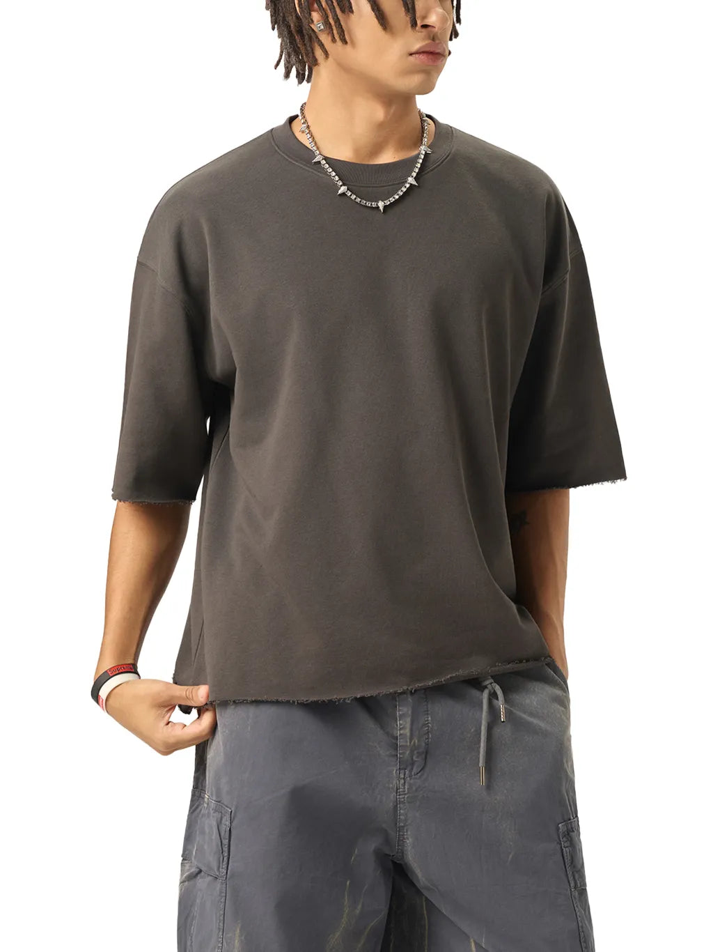 LUXURY TERMINAL - Boxy Half-Sleeve Raw-Edge T-Shirt